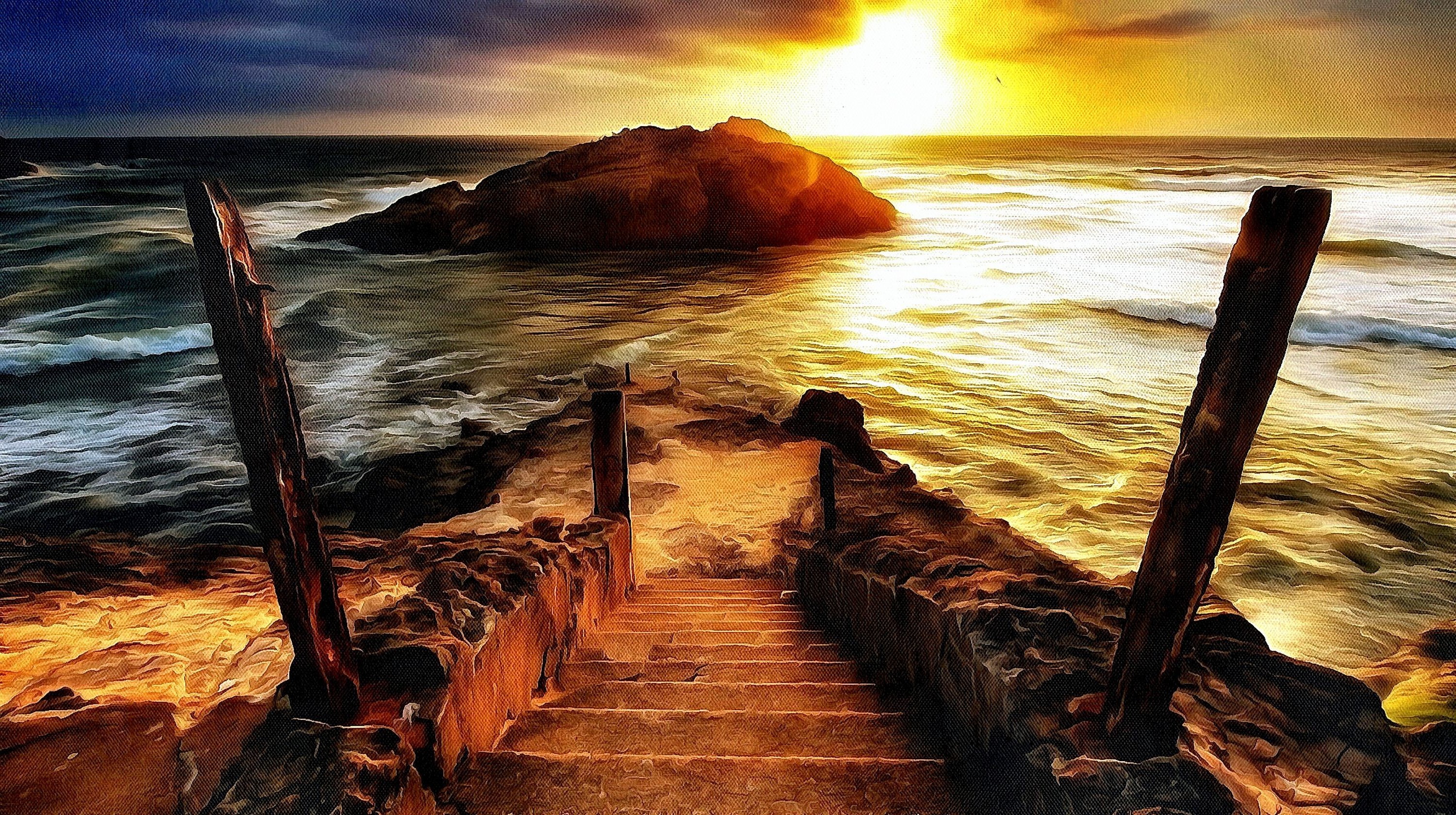 artwork, Nature, Sea, Sunset, Sunlight, Rock, Coast, Steps, Waves Wallpaper