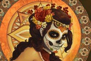 Sugar Skull, Dia De Los Muertos, Digital Art, Artwork, Women, Pattern, Mosaic, Skull, Flowers, Mexico