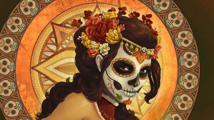 Sugar Skull, Dia De Los Muertos, Digital Art, Artwork, Women, Pattern, Mosaic, Skull, Flowers, Mexico HD Wallpaper Desktop Background