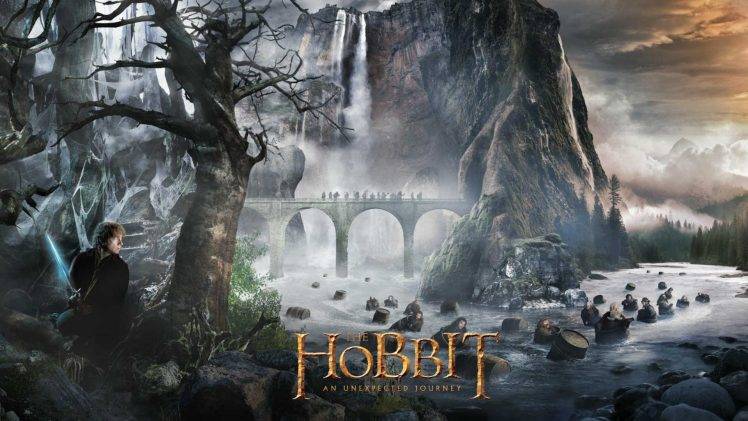 movies, Bilbo Baggins, Bridge, Waterfall, Mountain, The Hobbit: An Unexpected Journey, Barrels HD Wallpaper Desktop Background