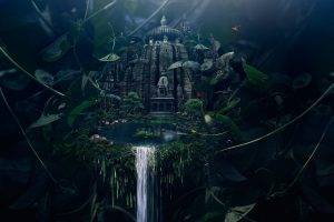 temple, Waterfall, Nature, Green, Vines, Artwork