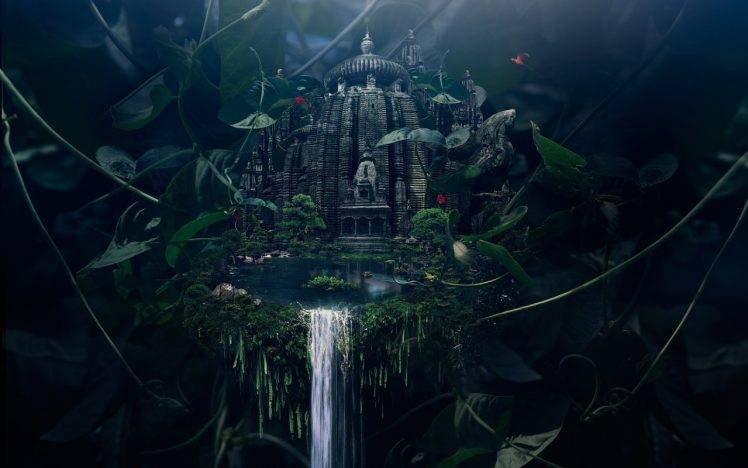 temple, Waterfall, Nature, Green, Vines, Artwork HD Wallpaper Desktop Background