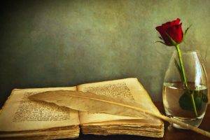 rose, Quills, Books, Flowers, Vases, Artwork, Painting, Red Flowers