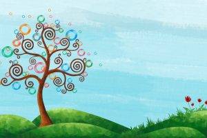 nature, Trees, Hill, Branch, Digital Art, Flowers, Circle, Spiral, Colorful