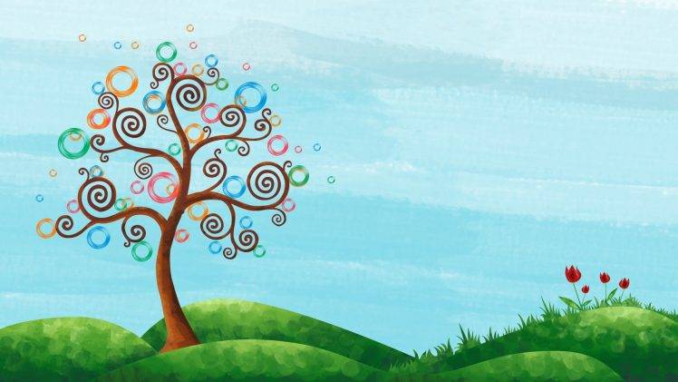 nature, Trees, Hill, Branch, Digital Art, Flowers, Circle, Spiral, Colorful HD Wallpaper Desktop Background