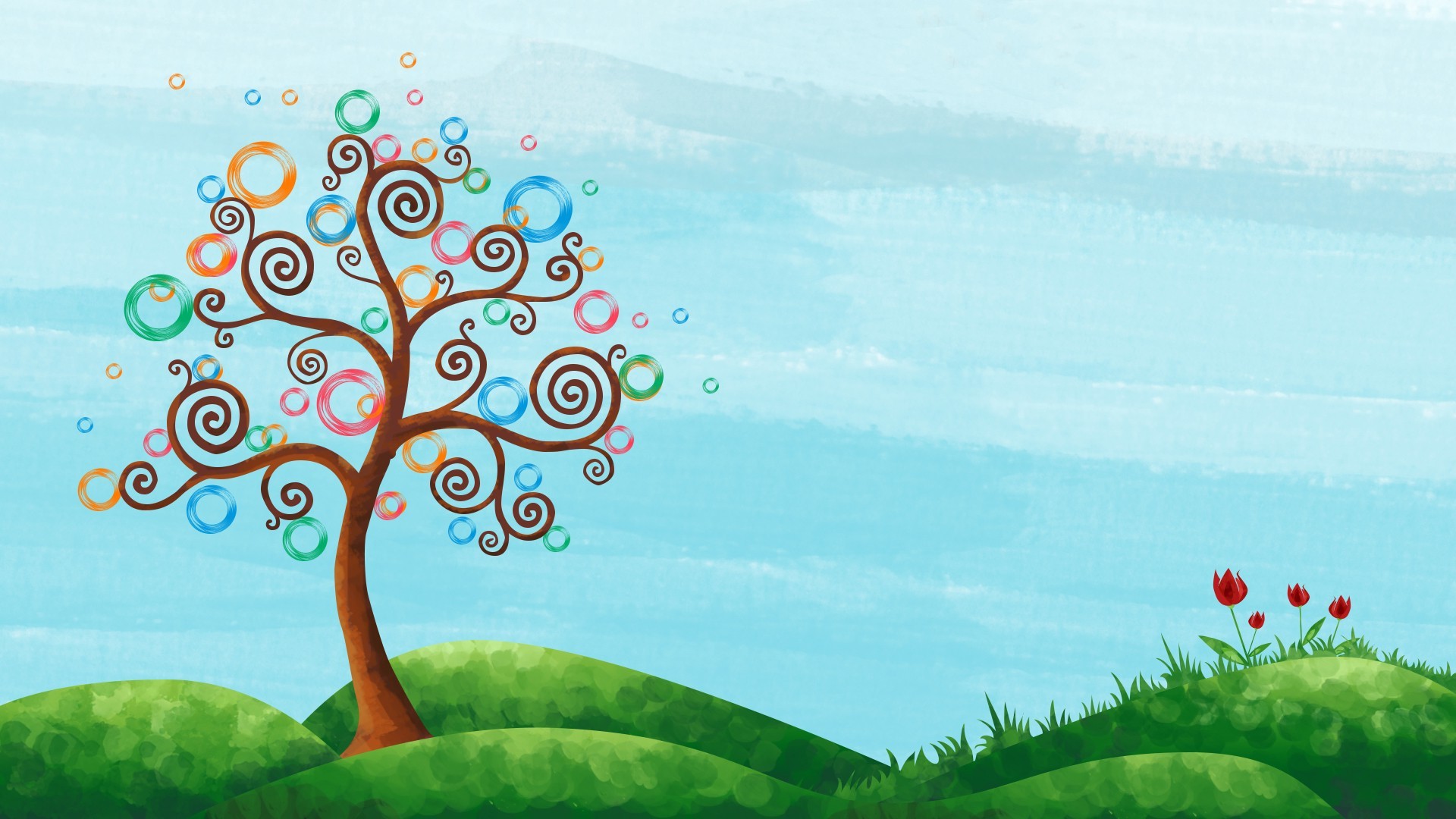 nature, Trees, Hill, Branch, Digital Art, Flowers, Circle, Spiral, Colorful Wallpaper