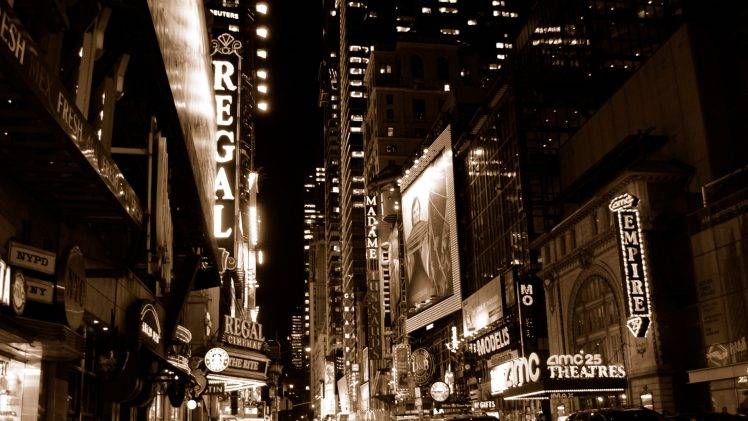 cityscape, USA, Architecture, New York City, Street, Building, Skyscraper, Night, Street Light, Signs, Theater, Movie Poster, Theaters, Sepia HD Wallpaper Desktop Background