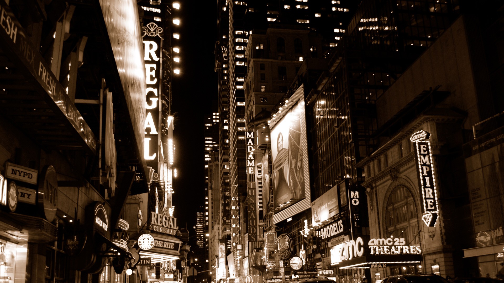 cityscape, USA, Architecture, New York City, Street, Building, Skyscraper, Night, Street Light, Signs, Theater, Movie Poster, Theaters, Sepia Wallpaper