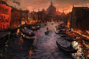 river, Venice, Gondolas, Italy, Artwork, Painting
