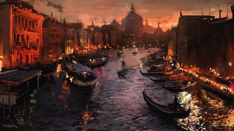 river, Venice, Gondolas, Italy, Artwork, Painting HD Wallpaper Desktop Background