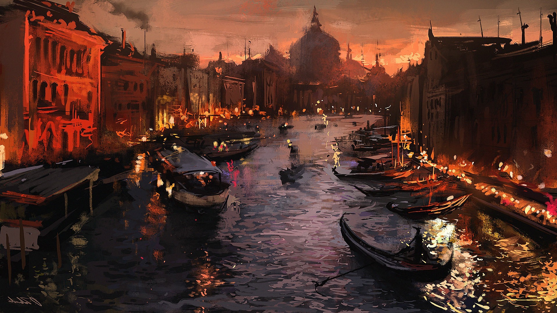 river, Venice, Gondolas, Italy, Artwork, Painting Wallpaper