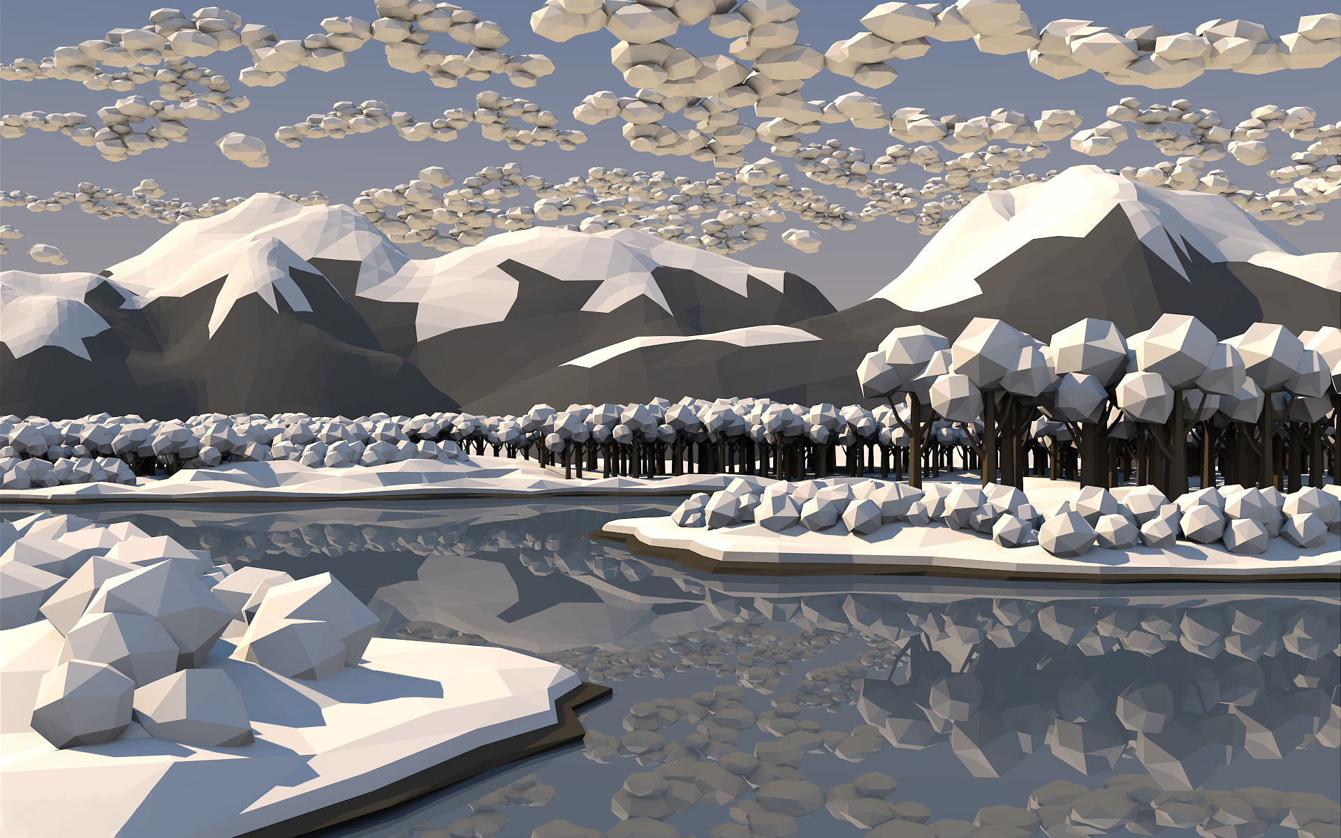 nature, Trees, Mountain, Water, Snow, Forest, Clouds, Low Poly, Reflection Wallpaper