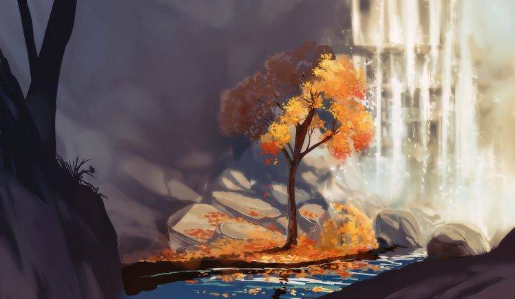 digital Art, Nature, Trees, Water, Rock, Leaves, Fall, Waterfall HD Wallpaper Desktop Background