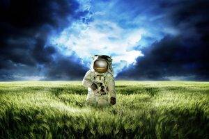 digital Art, Astronaut, Helmet, Space Suit, Nature, Field, Spikelets, Clouds, Photo Manipulation, Gloves