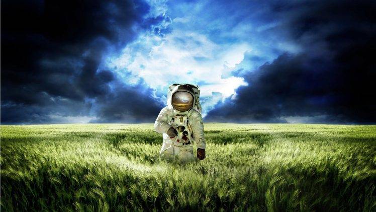 digital Art, Astronaut, Helmet, Space Suit, Nature, Field, Spikelets, Clouds, Photo Manipulation, Gloves HD Wallpaper Desktop Background