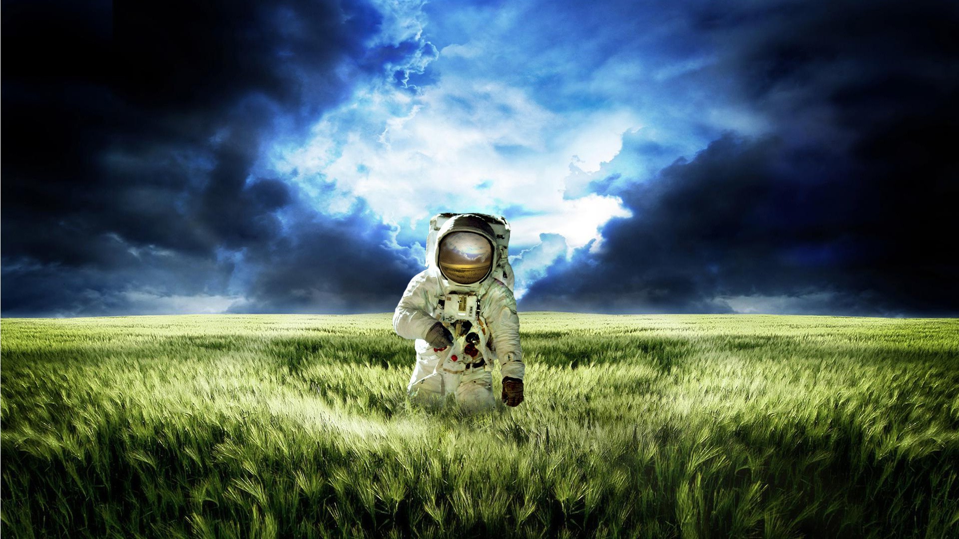 digital Art, Astronaut, Helmet, Space Suit, Nature, Field, Spikelets, Clouds, Photo Manipulation, Gloves Wallpaper