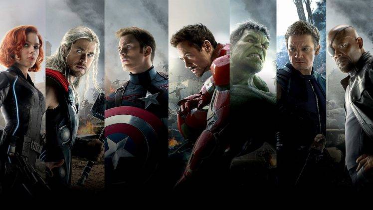 movies, The Avengers, Avengers: Age Of Ultron, Iron Man, Hulk, Thor, Fury, Captain America, Black Widow, Hawkeye, Robert Downey Jr., Scarlett Johansson, Jeremy Renner, Samuel L. Jackson HD Wallpaper Desktop Background