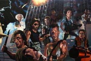 movies, Caricature, Terminator, Indiana Jones, Die Hard, Back To The Future, Alien (movie), Escape From New York, Rambo, Hollywood