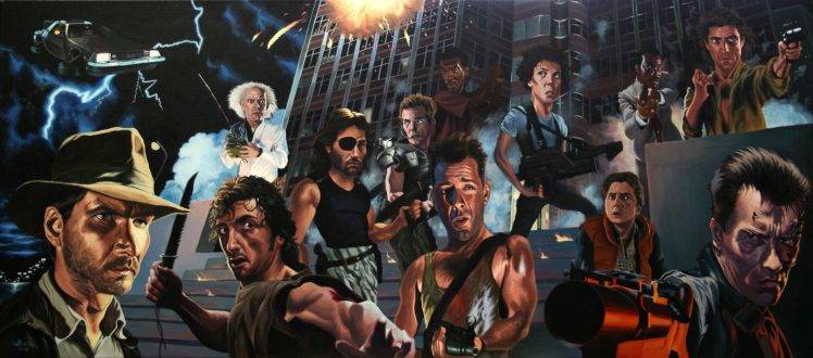 movies, Caricature, Terminator, Indiana Jones, Die Hard, Back To The Future, Alien (movie), Escape From New York, Rambo, Hollywood HD Wallpaper Desktop Background