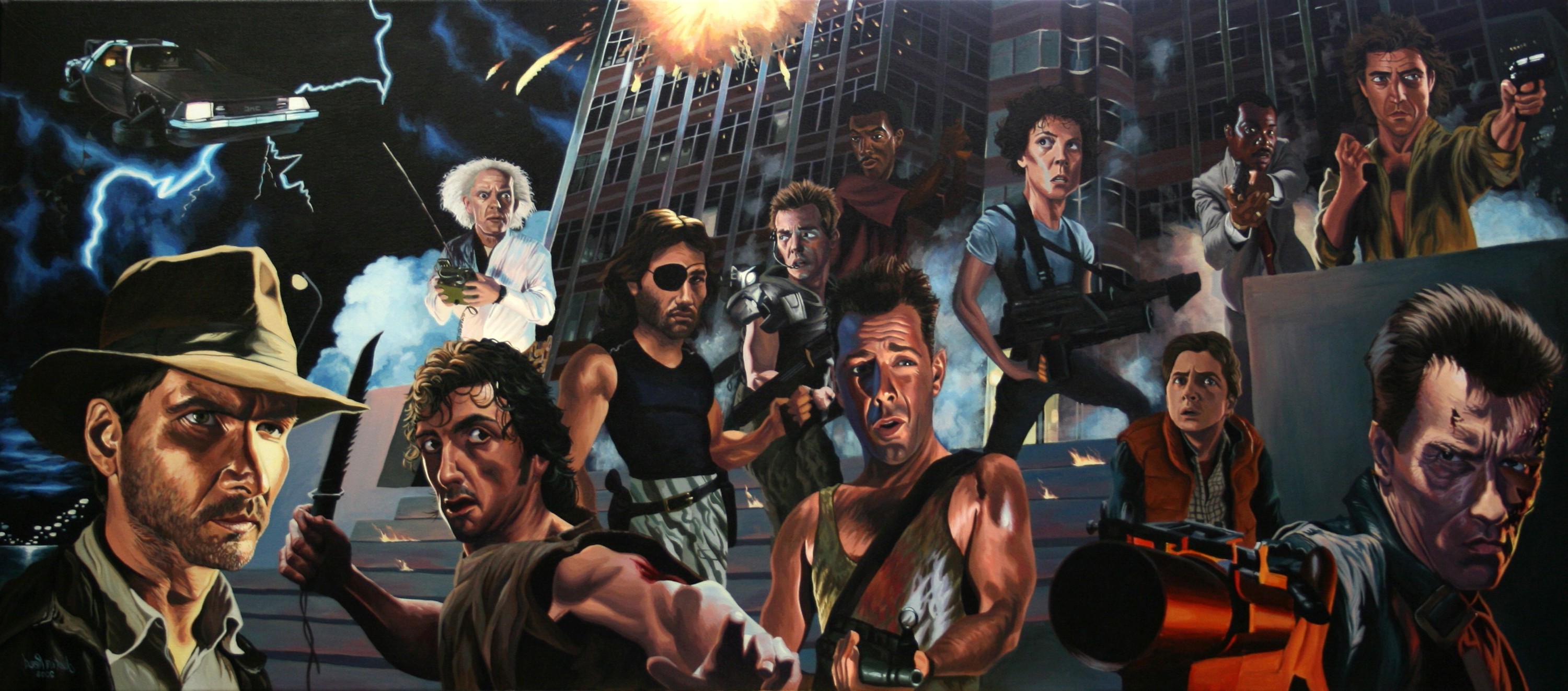 movies, Caricature, Terminator, Indiana Jones, Die Hard, Back To The Future, Alien (movie), Escape From New York, Rambo, Hollywood Wallpaper