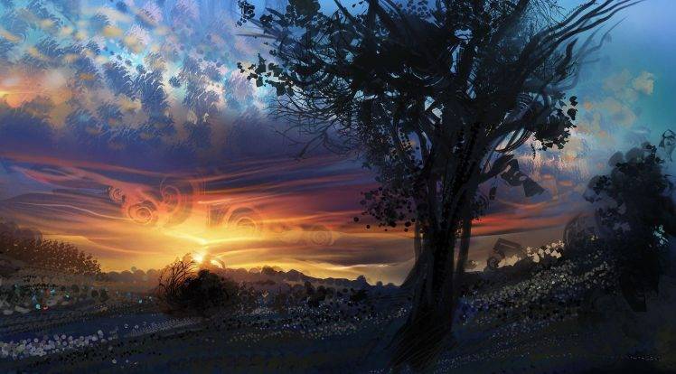 digital Art, Painting, Trees, Clouds, Sunset, Artwork, Nature, Field HD Wallpaper Desktop Background