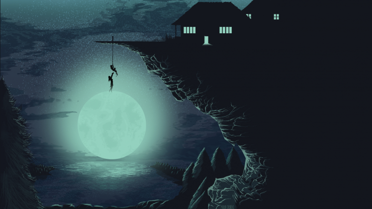 artwork, Moon, Cliff, House, Silhouette, Climbing, Stars, Lake HD Wallpaper Desktop Background