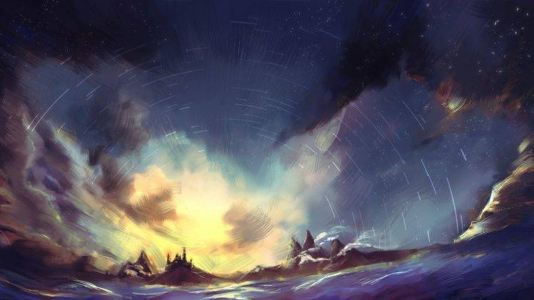 artwork, Sunrise, Mountain, Lake, Stars HD Wallpaper Desktop Background