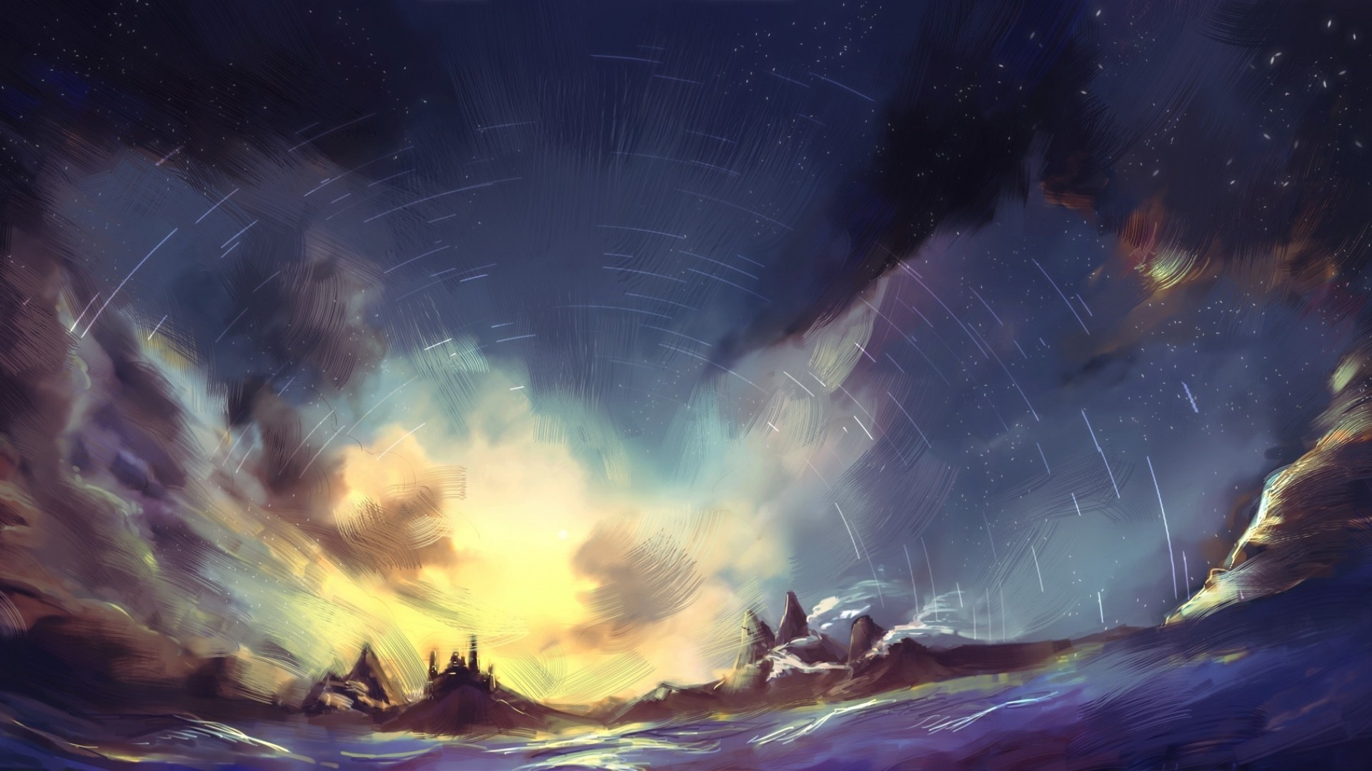artwork, Sunrise, Mountain, Lake, Stars Wallpaper