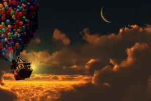 Up (movie), Sunset, Balloons, House, Moon, Crescent Moon, Clouds