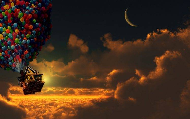 Up (movie), Sunset, Balloons, House, Moon, Crescent Moon, Clouds HD Wallpaper Desktop Background
