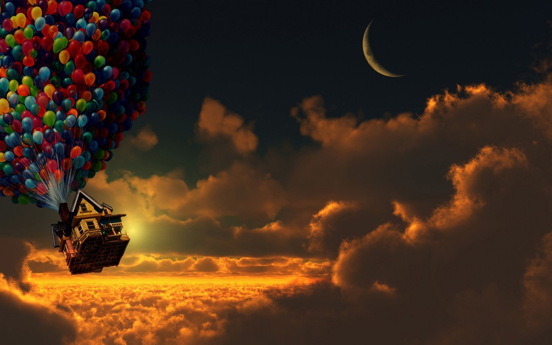 Up (movie), Sunset, Balloons, House, Moon, Crescent Moon, Clouds Wallpaper
