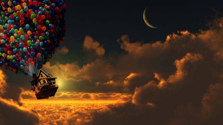 digital Art, Movies, Sky, Clear Sky, Moon, Balloons, House, Flying, Sunset HD Wallpaper Desktop Background