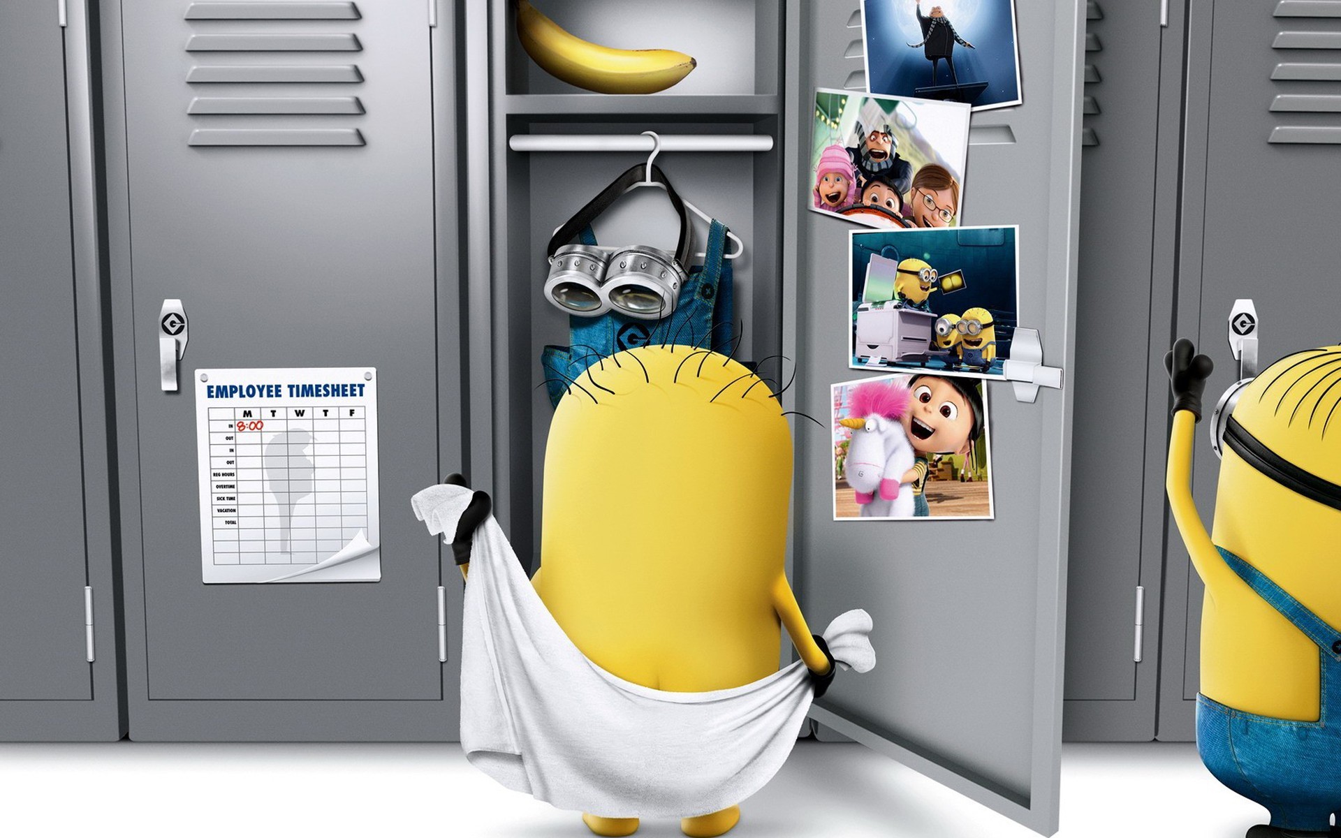 digital Art, Movies, Minions, Bananas, Lockers, Locker Room, Eye Guards, Overalls Wallpaper