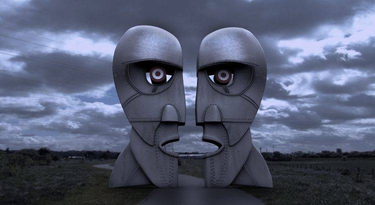 Pink Floyd, The Division Bell, Sculpture, Metal, Symmetry, Nature, Road, Field, Trees, Clouds, Evening, Artwork HD Wallpaper Desktop Background