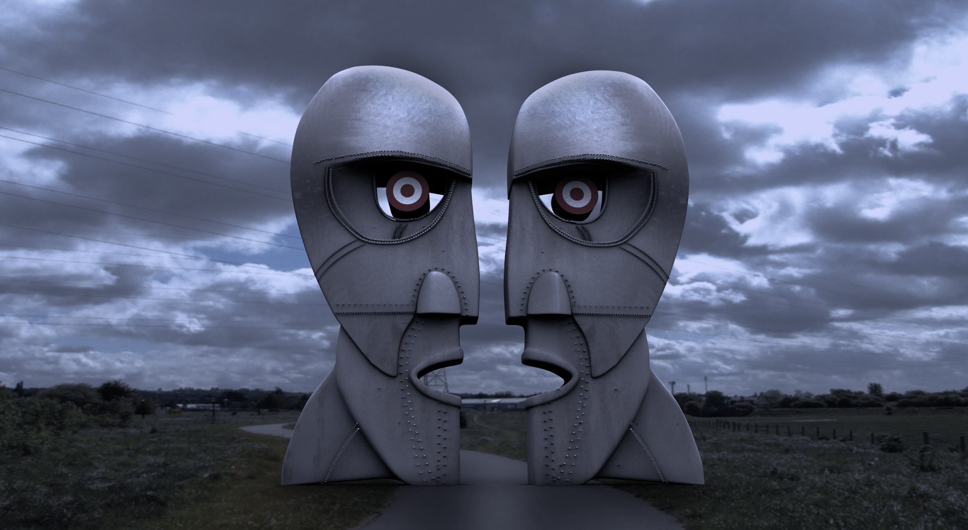 Pink Floyd, The Division Bell, Sculpture, Metal, Symmetry, Nature, Road, Field, Trees, Clouds, Evening, Artwork Wallpaper