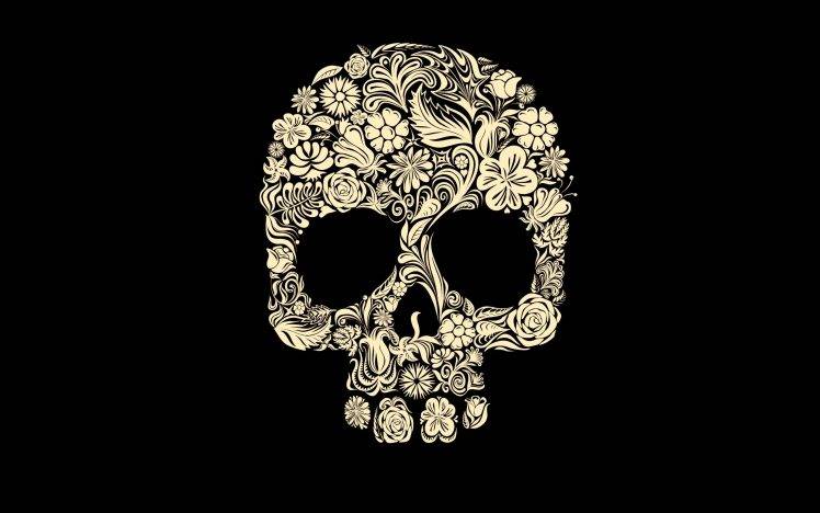 digital Art, Simple Background, Minimalism, Black Background, Skull, Flowers, Leaves, Rose, Petals, Tulips, Death, Spooky, Gothic HD Wallpaper Desktop Background