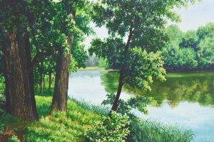 painting, Forest, Lake, Artwork, Nature