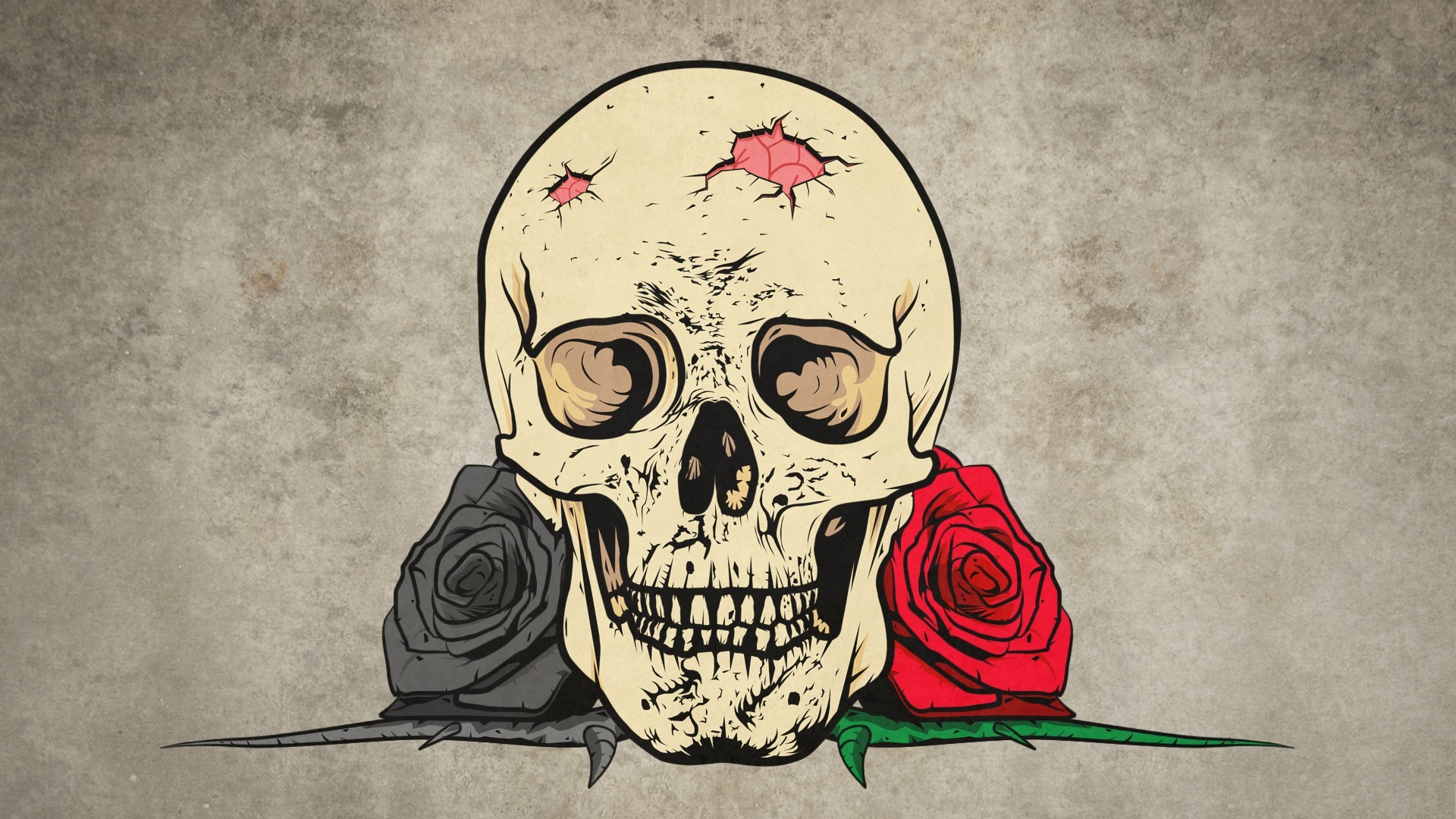 digital Art, Drawing, Skull, Rose, Teeth, Flowers, Thorns, Simple Background Wallpaper