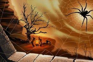 digital Art, Nature, Spider, Witch, Spiderwebs, Bricks, Window, Trees, Fire, Boiler, Cliff, Rock
