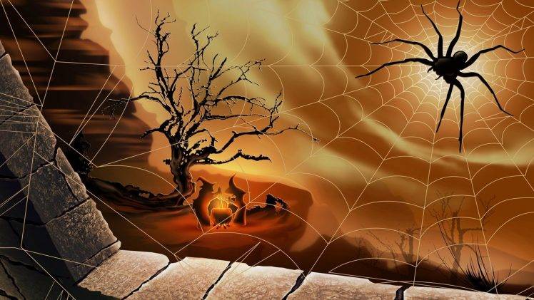digital Art, Nature, Spider, Witch, Spiderwebs, Bricks, Window, Trees, Fire, Boiler, Cliff, Rock HD Wallpaper Desktop Background