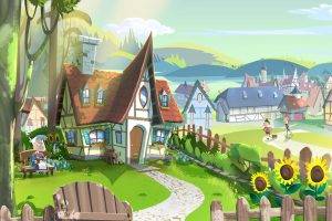 digital Art, Drawing, Illustration, Fairy Tale, House, Village, Fence, Path, Trees, Hill, Sunflowers, Old People, Clouds, Sunlight