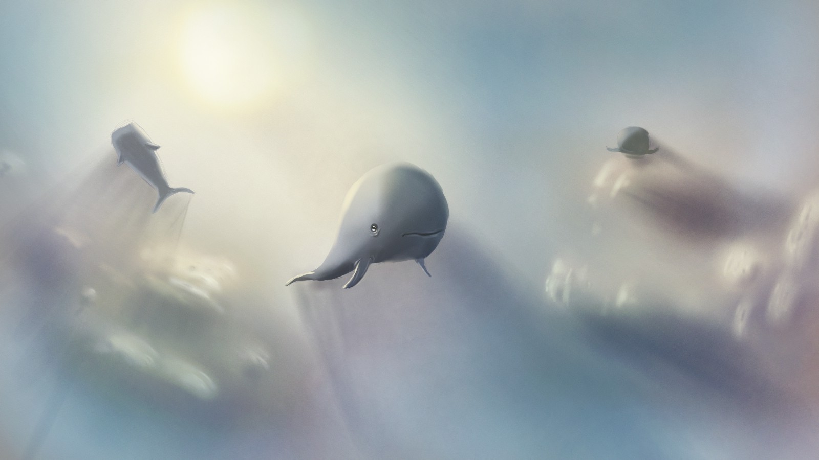 digital Art, Illustration, Nature, Flying, Whale, Moby Dick, Clouds, Sky, Fairy Tale, Sunlight, Sun Wallpaper