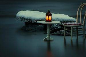 photography, Artwork, Nature, Water, Snow, Winter, Rock, Stones, Table, Chair, Ice, Icicle, Lantern, Lamps, Blurred, Reflection, Long Exposure, Candles