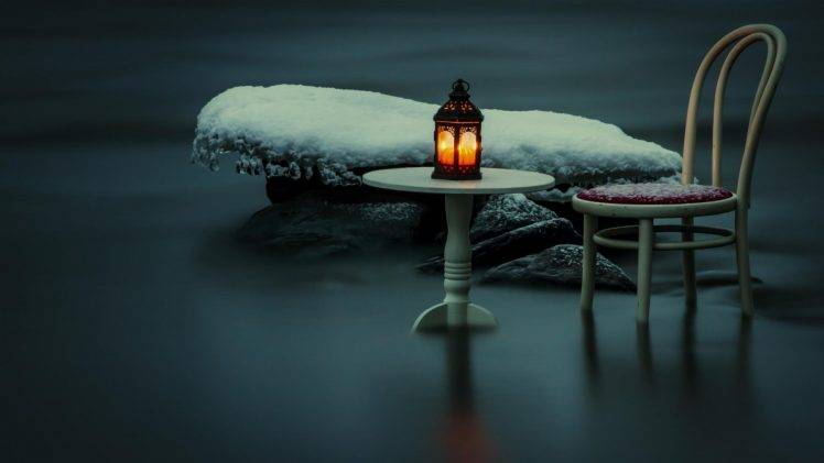 photography, Artwork, Nature, Water, Snow, Winter, Rock, Stones, Table, Chair, Ice, Icicle, Lantern, Lamps, Blurred, Reflection, Long Exposure, Candles HD Wallpaper Desktop Background