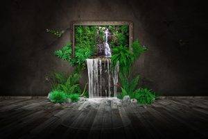 digital Art, CGI, Minimalism, Water, Nature, Ferns, Leaves, Trees, Waterfall, Picture Frames, Rock, Stones, Butterfly, Walls, Wooden Surface, Puddle
