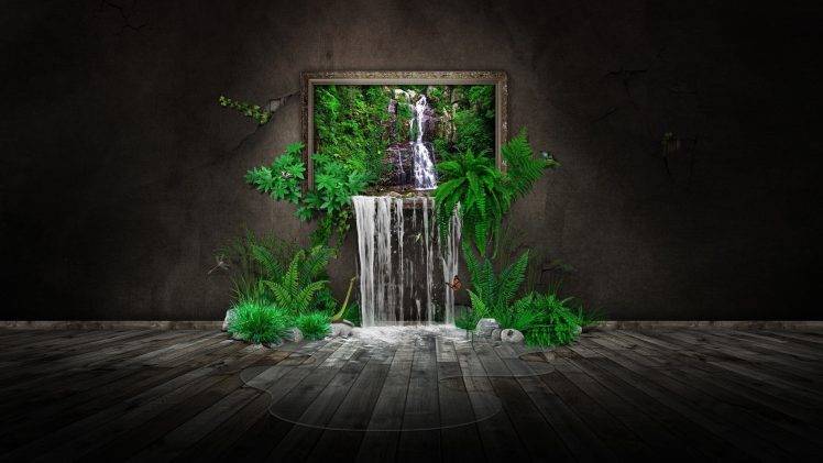 digital Art, CGI, Minimalism, Water, Nature, Ferns, Leaves, Trees, Waterfall, Picture Frames, Rock, Stones, Butterfly, Walls, Wooden Surface, Puddle HD Wallpaper Desktop Background