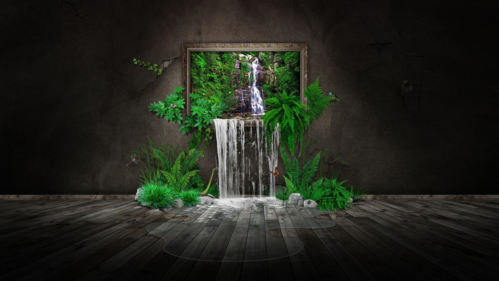 digital Art, CGI, Minimalism, Water, Nature, Ferns, Leaves, Trees, Waterfall, Picture Frames, Rock, Stones, Butterfly, Walls, Wooden Surface, Puddle Wallpaper