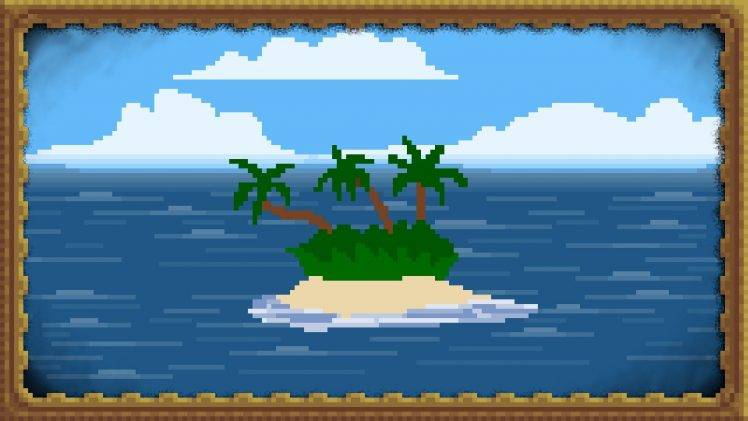 digital Art, Nature, Minimalism, Pixel Art, Island, Sea, Palm Trees, Clouds, Picture Frames HD Wallpaper Desktop Background