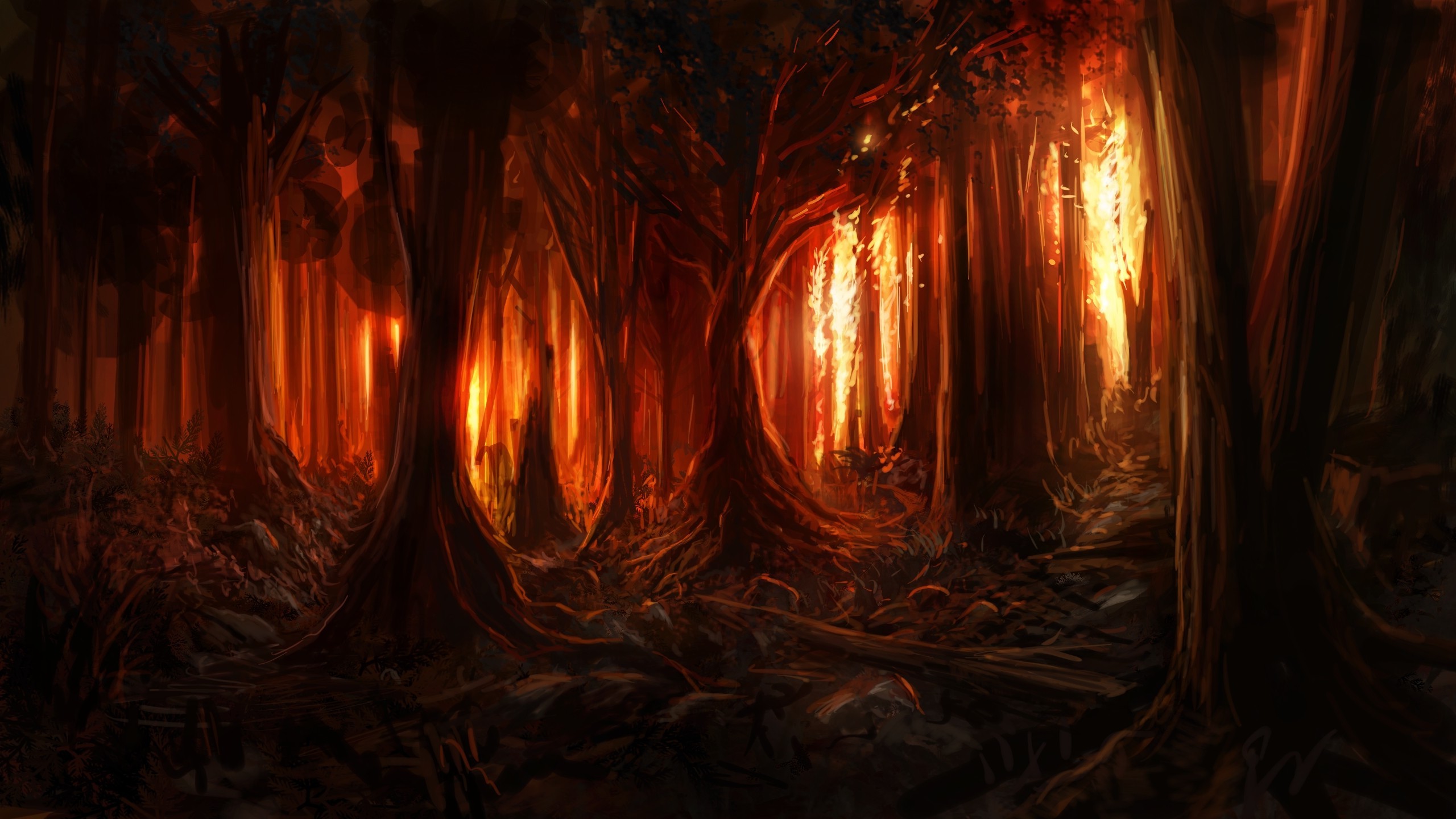 digital Art, Nature, Trees, Forest, Painting, Burning, Fire, Wood