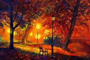 digital Art, Nature, Trees, Painting, Park, Bench, Lamps, Fall, Leaves, Modern Impressionism, Artwork